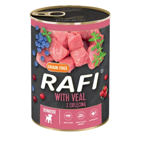 RAFI Junior kutya pástétom borjú, vörös- és kék áfonyával konzerv 400g