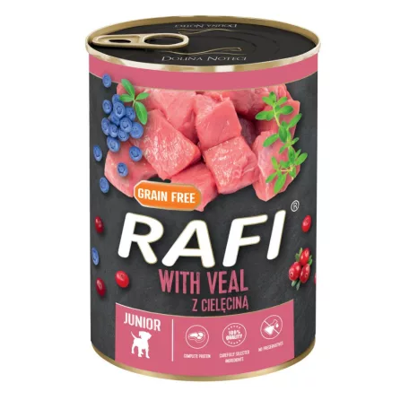 RAFI Junior kutya pástétom borjú, vörös- és kék áfonyával konzerv 400g