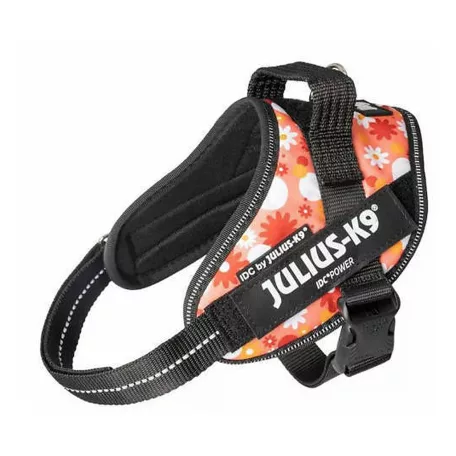 Julius-K9 | IDC Powerhám | Ergonomikus, fényvisszaverő kutyahám – rózsaszín virágmintás (M/0) 58–76 cm