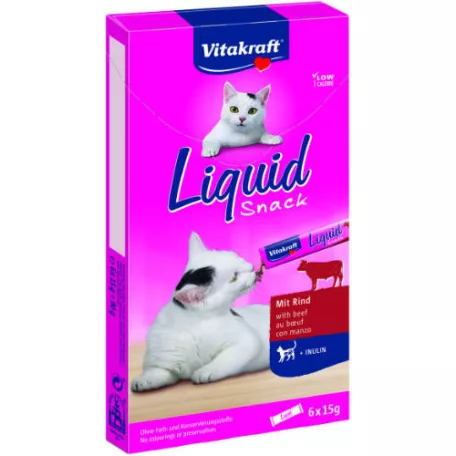 Vitakraft | Cat Liquid Snack | Folyékony jutalomfalat szósz marhával és inulinnal macskák részére – 6 × 15 g (90 g)