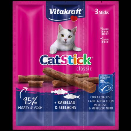 Vitakraft | Cat Stick Mini | Jutalomfalat | Tőkehal, fekete tőkehal - 3x6 g