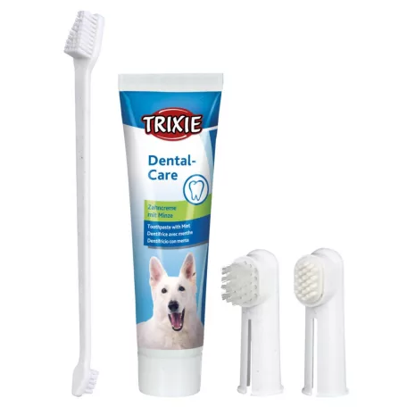 Trixie Dental Hygiene Set | Komplett fogápoló szett mentás fogkrémmel és ujjkefékkel kutyák részére – 100 g