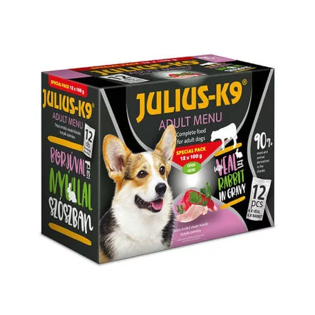 Julius  K9 | Adult Menu Veal & Rabbit - nedves eledel (borjú,nyúl) válogatás szószban kutyák részére - 12x100g