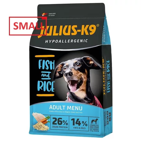 Julius K-9 | Hypoallergenic | Száraztáp | Kistestű felnőtt kutyáknak | Hal, rizs - 12 kg
