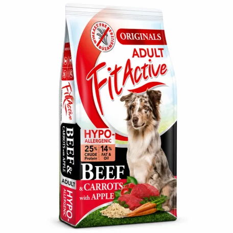 Termék név:  FitActive | Wheatfree Adult Hypoallergenic Beef & Carrots with Apple | Búzamentes száraz eledel felnőtt kutyáknak – 13.2 kg (12+1.2 kg)
