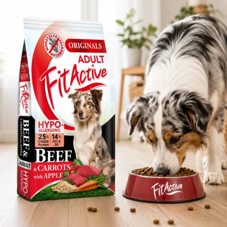 Termék név:  FitActive | Wheatfree Adult Hypoallergenic Beef & Carrots with Apple | Búzamentes száraz eledel felnőtt kutyáknak – 13.2 kg (12+1.2 kg)