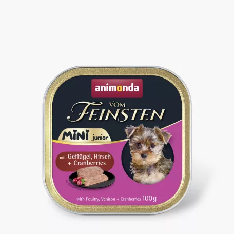 Animonda | Vom Feinsten Junior | Szárnyas, szarvashús és tőzegáfonya ízesítésű pástétom kölyök kutyák részére – 100 g