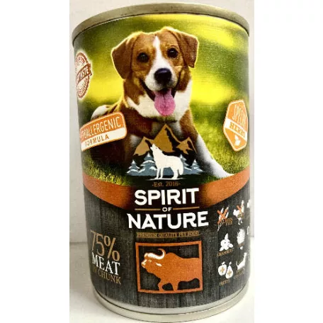 Spirit of Nature Hypoallergenic Dog Buffalo | Gabonamentes hipoallergén nedvestáp bivalyhússal felnőtt kutyák részére – 415 g