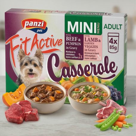 FitActive Dog | Casserole Beef & Lamb | Ízletes marha és bárány falatok aszpikban felnőtt kutyák részére – 4x85 g