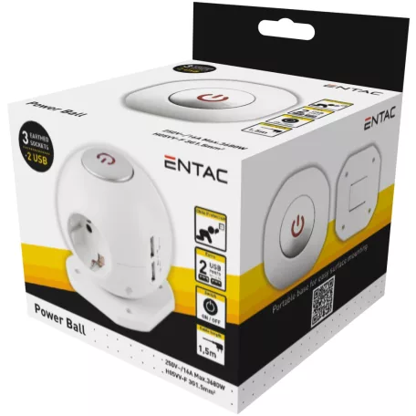 Entac |Gömb Elosztó 3 Foglalattal - 2x2.1A USB-vel Kapcsolóval, 1.5m - 3G1.5