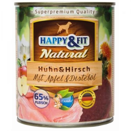 Happy&Fit | Natural Dog Konzerv | Teljes értékű táp, Csirke & Szarvas Almával & Sáfrányolajjal, felnőtt kutyák számára - 800 g